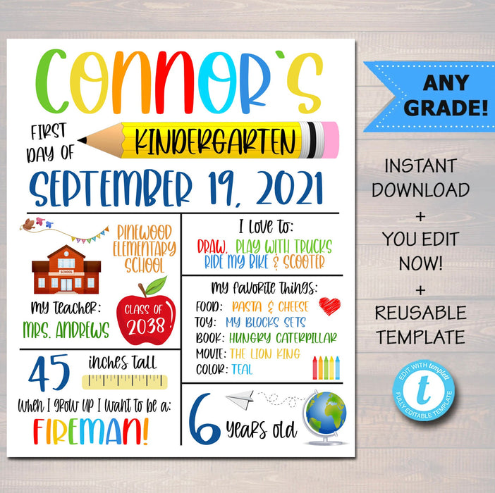 First Day of School Printable Back to School Sign, Boy Child Stats Details Keepsake Photo, Back to School Digital File, EDITABLE TEMPLATE