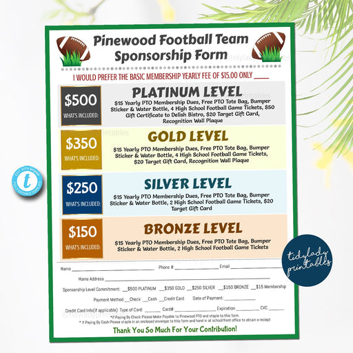 Football Sponsorship Form, Sponsership Membership Donation Signup Printable Handout, Team School Sports Fundraiser Event, EDITABLE TEMPLATE