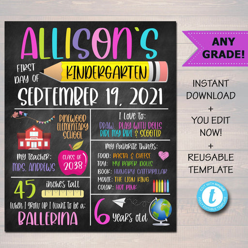 First Day of School Printable Back to School Sign, Girl Child Stats Details Keepsake Photo, Back to School Digital File, EDITABLE TEMPLATE