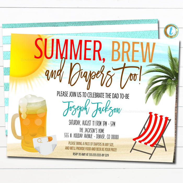 EDITABLE Summer Beer Baby Shower Invitation, Dad Diaper Party, Watercolor Printable Baby Sprinkle Couples BBQ Grill Shower Invite Template