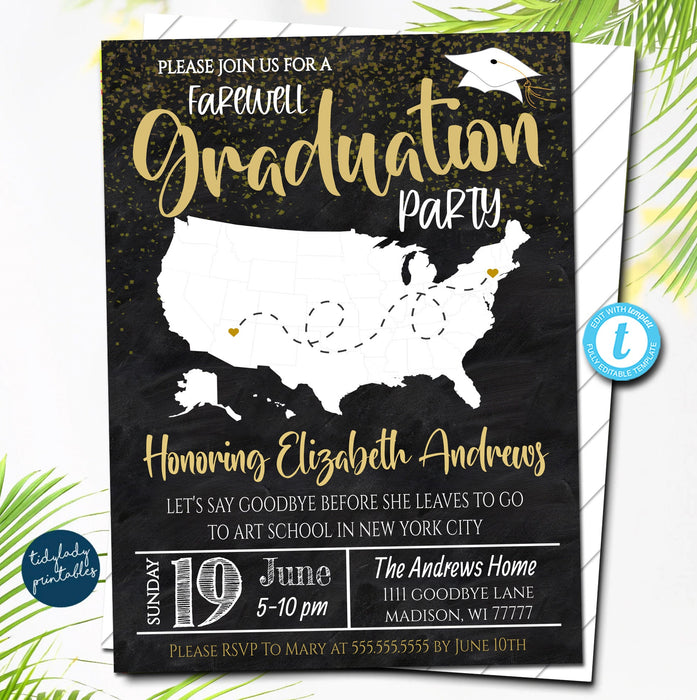 Farewell Graduation Party Invitation, Moveable Map, Bon Voyage Adventure, High School College Grad Black and Gold Digital, EDITABLE TEMPLATE