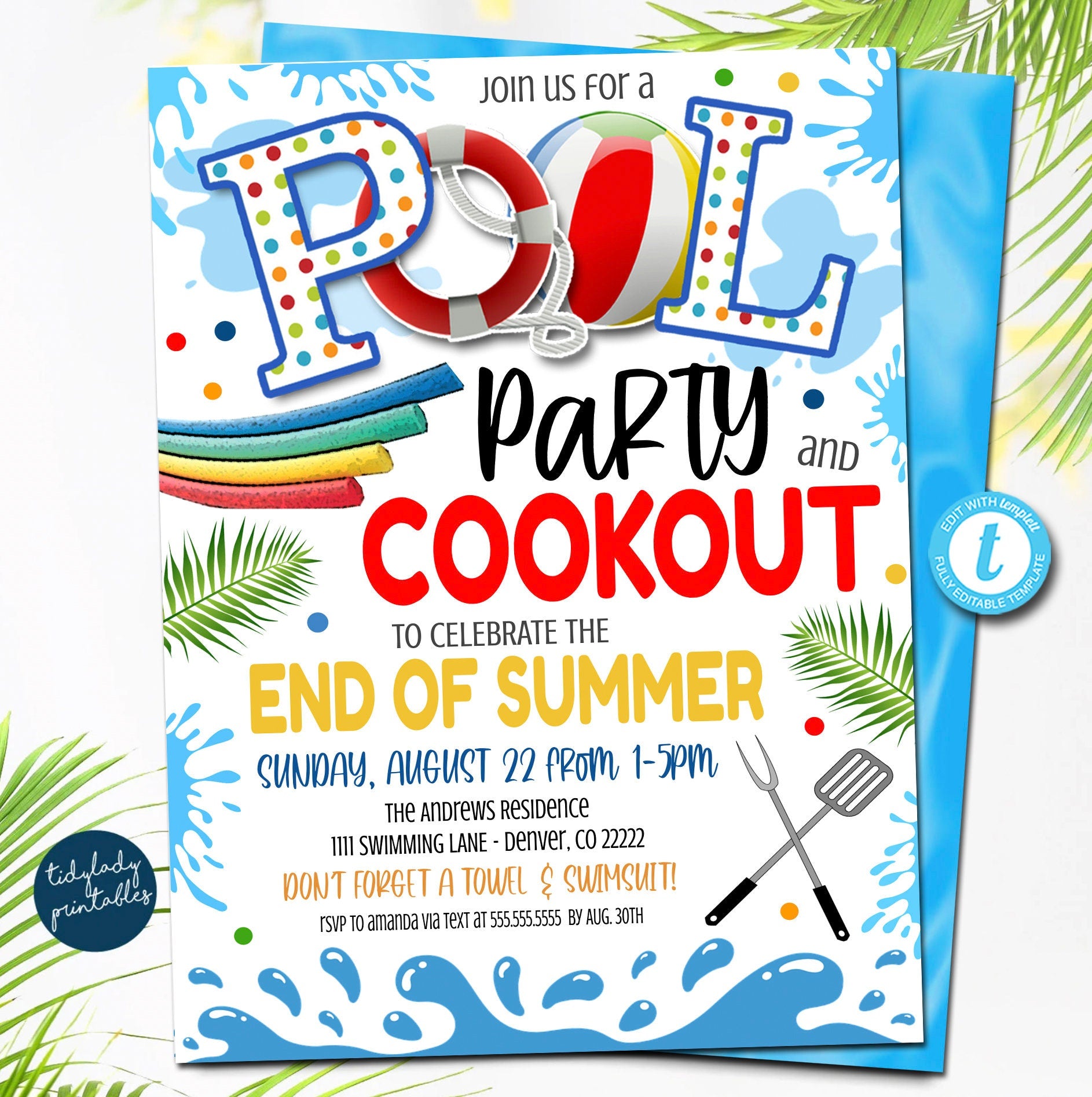 Editable End of School Pool Party Invite | TidyLady Printables editable-end-of-school-pool-party-invite-tidylady-printables