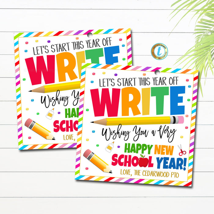 First Day of School Pencil Gift tags, Back to school pencil notebook, teacher tags, Gift tags for class, school PTO PTA, editable template