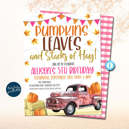 Pumpkin Birthday Invitation, Pumpkin, Pink Truck, Pumpkin Patch, Fall Invitation, Girl Autumn Party Invitation Printable, EDITABLE TEMPLATE