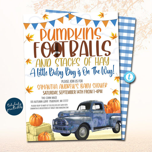 Pumpkin and Footballs Boy Baby shower Invitation, Blue Truck, Touchdown Coed Couples Tailgate Party, Fall Invitation, Boy Autumn TEMPLATE