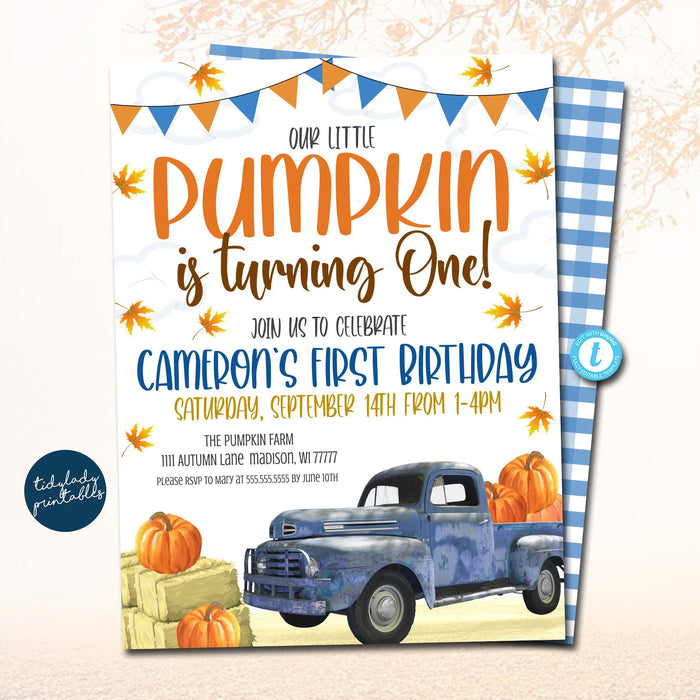 Our Little Pumpkin Birthday Invitation, Fall Boy First little blue truck birthday invite, Autumn Party Invitation Digital, EDITABLE TEMPLATE