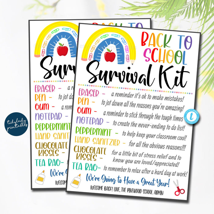 EDITABLE Back to School Survival Kit Printable Gift Tag, Rainbow First Day of School Student Teacher Gift, School Pto Pta EDITABLE TEMPLATE