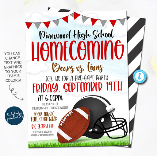 Homecoming Football Party Invite, Touchdowns Kick Off Party Invitation, High School Football Pregame Party, school pto pta flyer EDITABLE