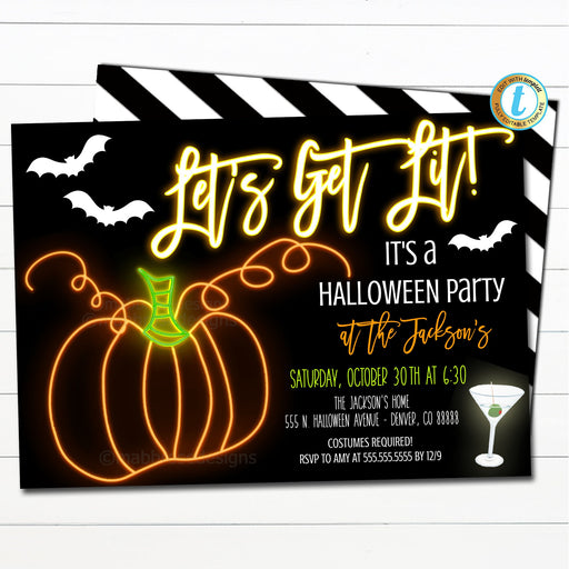 Let's Get Lit Neon Pumpkin Invite, Halloween Cocktail Party Invitation, Adult Costumes and Cocktails Party Fall Invite DIY Editable Template