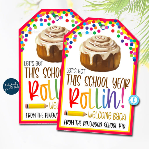 Back to School Cinnamon Roll Gift Tag, Let's Get this New Year Rollin, Teacher Staff Appreciation, Bakery Treat Tag Label, Editable Template