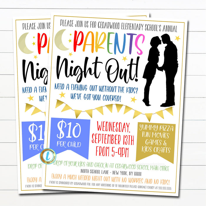 EDITABLE Parents Night Out Flyer, Printable PTA, PTO, School Family Fundraiser Event, Community Center, Church Printable Digital Template