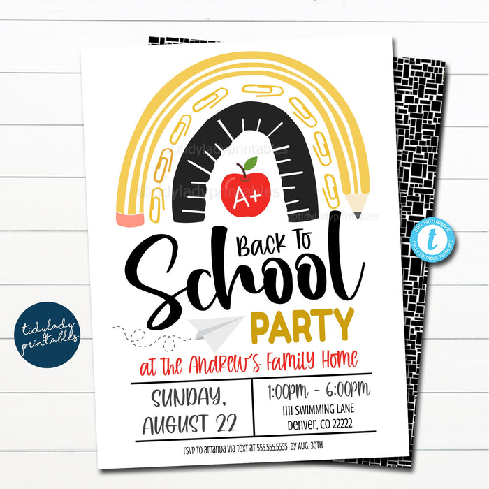 Back To School Party Invitation, Printable Digital Invite, Back to School Welcome Back Teachers Rainbow End of Summer Bash EDITABLE TEMPLATE