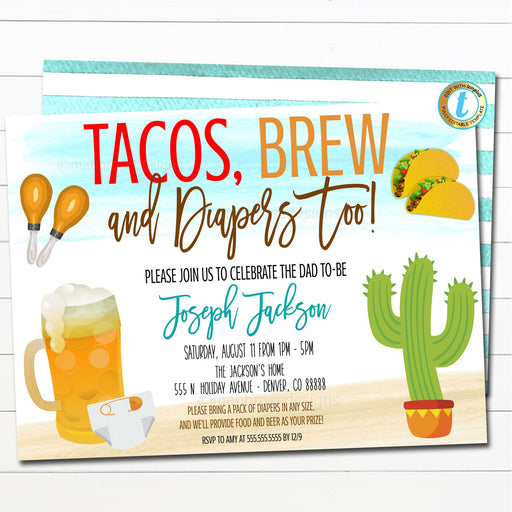 Tacos and Beer Baby Shower Invitation, Dad Diaper Party, Watercolor Printable Baby Sprinkle Fiesta Couples Shower Invite, EDITABLE TEMPLATE