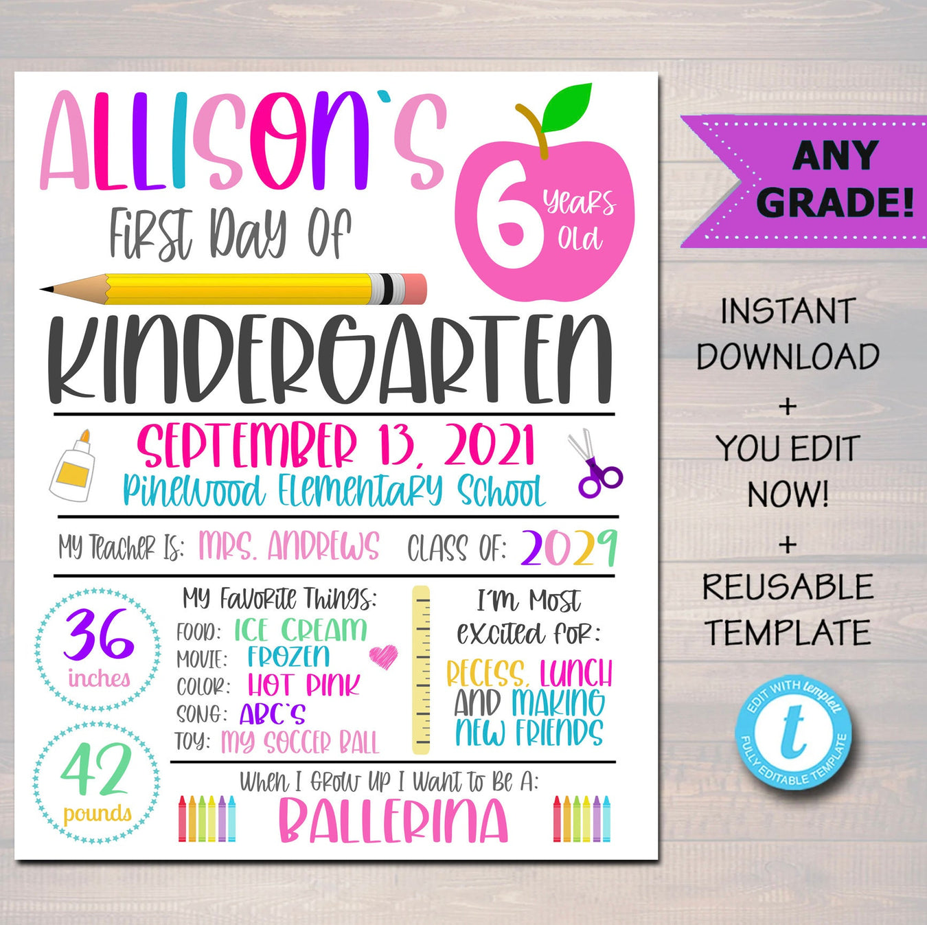 Editable First Day Of School Signs For Any Grade