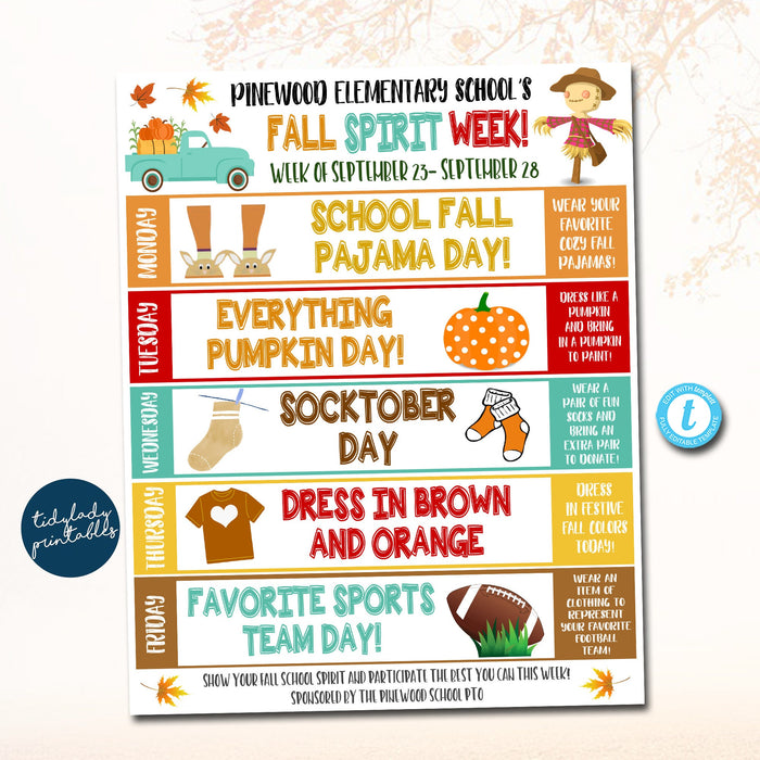 Fall School Spirit Week Itinerary Schedule, Daily Weekly Calendar, School Pto Pta, Elementary Kids Autumn Fall Planner, Editable Template