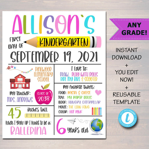 First Day of School Printable Back to School Sign, Girl Child Stats Details Keepsake Photo, Back to School Digital File, EDITABLE TEMPLATE
