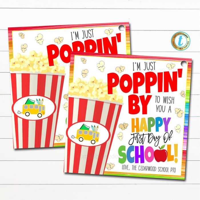Back to School Popcorn Gift Tag, Hope you have a Poppin School year, First Day of School pto pta Kid Classroom Teacher DIY Editable Template