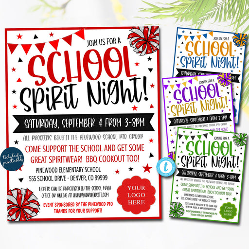 Editable School Spirit Flyer, School Spirit Night Party, Spirt Night Fundraiser, Editable School Fundraiser School PTO PTA Event, Template