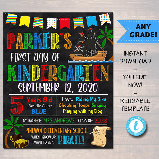 Pirate First Day Of School Sign, Back to School Chalkboard Poster Kindergarten, Preschool Pre-k, Any Grade Boy 1st Day of School, EDITABLE