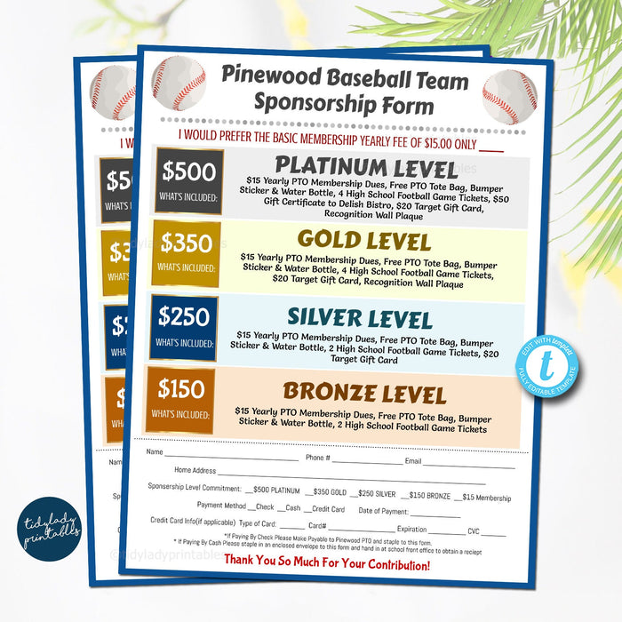 Baseball Sponsorship Form, Sponsership Membership Donation Signup Printable Handout, Team School Sports Fundraiser Event, EDITABLE TEMPLATE