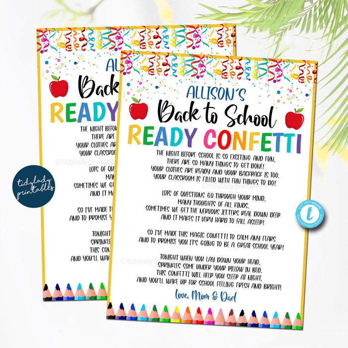 EDITABLE Back to School Ready Confetti Printable, Night Before First Day of School Student Teacher Gift, School Pto Pta, Printable TEMPLATE