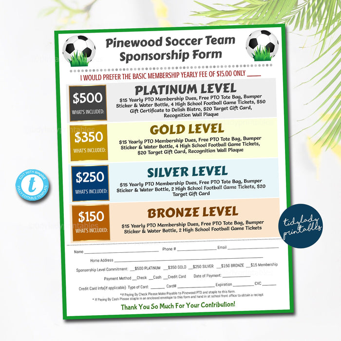 Soccer Sponsorship Form, Sponsership Membership Donation Signup Printable Handout, Team School Sports Fundraiser Event, EDITABLE TEMPLATE