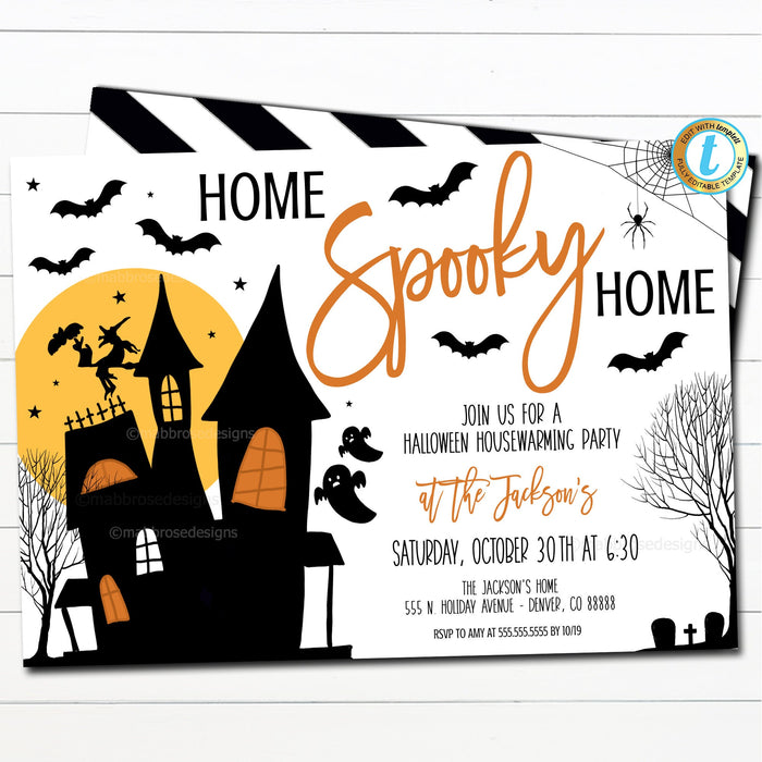 Editable Home Spooky Home Halloween Housewarming Party Invitation Template, New House Celebration, Haunted Mansion Cocktails Party Template