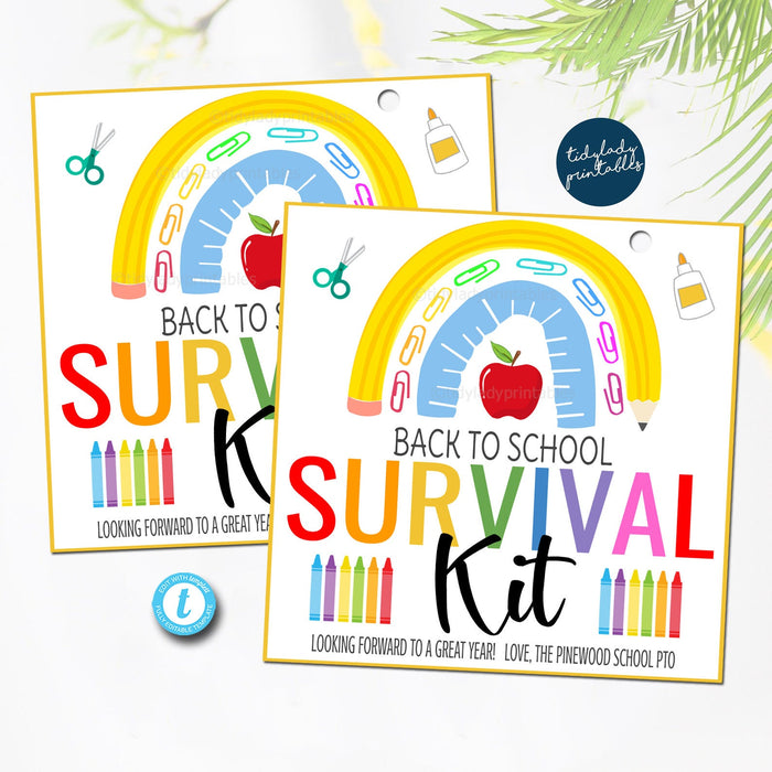 EDITABLE Back to School Survival Kit Printable Gift Tag, Rainbow First Day of School Student Teacher Gift, School Pto Pta EDITABLE TEMPLATE