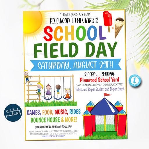 EDITABLE School Field Day Flyer, Printable PTA PTO Flyer, School Church Benefit Family Carnival Fundraiser Party Event Printable Invitation
