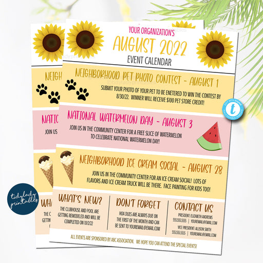August Events Newsletter Flyer, School Pto Pta Printable, HOA Neighborhood Community Happenings  Email Communication, EDITABLE Template