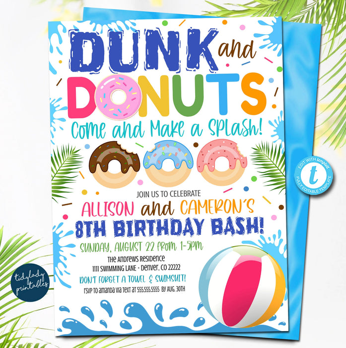 Dunk and Donuts Birthday Invitation, Pool Birthday invitation, Donut Party Invite, Summer Kids Twin Siblings Pool Birthday EDITABLE TEMPLATE