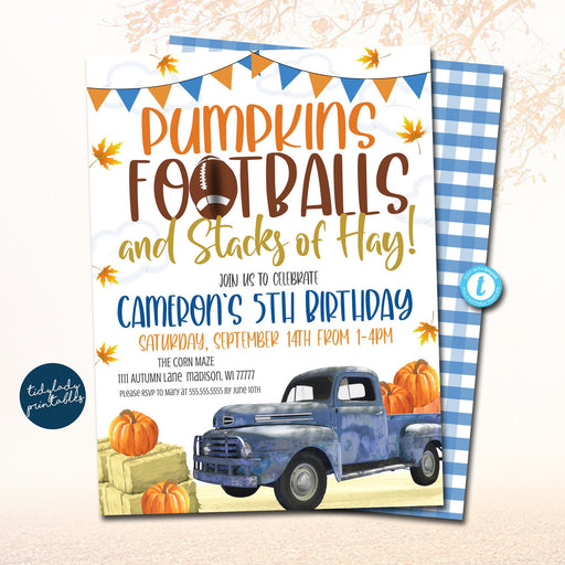Fall Birthday Invitation, Pumpkin, Navy Orange Truck, Football, Pumpkin Patch, Boy Invite, Autumn Farm Tailgate Birthday, EDITABLE TEMPLATE