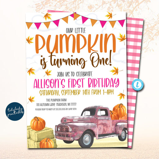 Our Little Pumpkin Birthday Invitation, Fall Girl First little pink truck birthday invite, Autumn Party Invitation Digital EDITABLE TEMPLATE