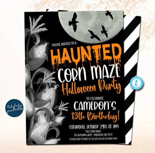 Haunted Corn Maze Birthday Invitation, Halloween Party Invite, Haunted House Bonfire Pumpkin Farm Scary Invite, Printable, EDITABLE TEMPLATE