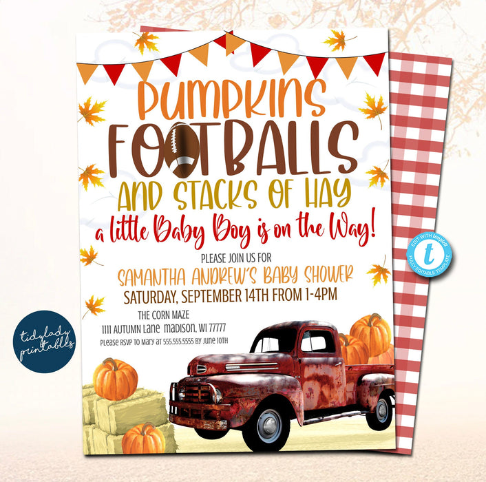 Pumpkin and Footballs Fall Baby shower Invitation, Little Red Truck, Touchdown Coed Couples Tailgate Party, Fall Invitation, Autumn TEMPLATE