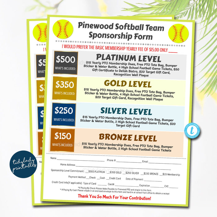 Softball Sponsorship Form, Sponsership Membership Donation Signup Printable Handout, Team School Sports Fundraiser Event, EDITABLE TEMPLATE
