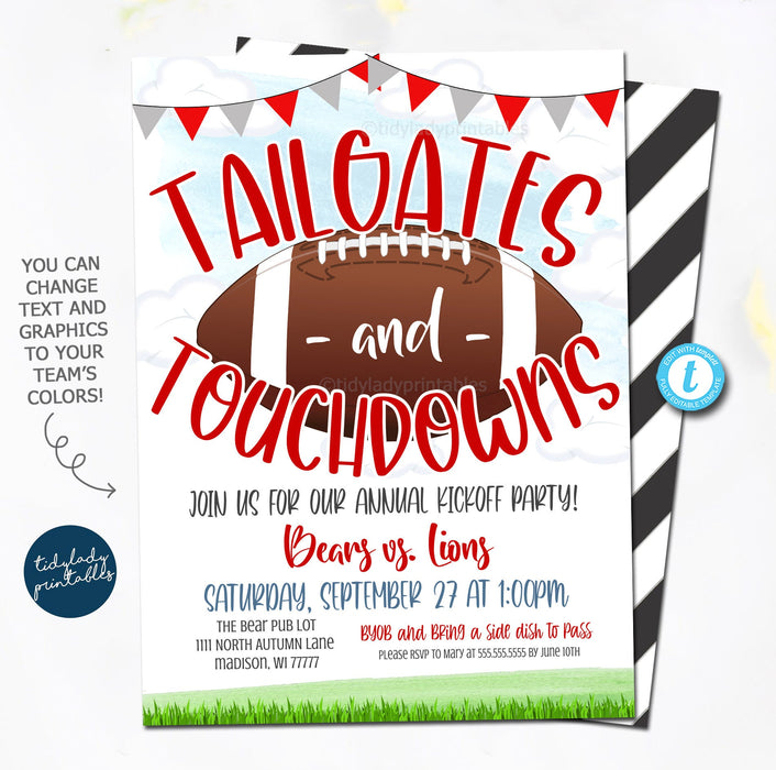 Football Invite, Tailgates and Touchdowns Kick Off Party Invitation, Football Birthday Party template, Any Team Sports, Fall Autumn EDITABLE