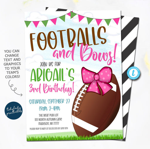 Girl Football Invite, Footballs and Bows Pink Football Birthday Party Invitation, Football Birthday Party, Little Girl Fall Autumn, EDITABLE
