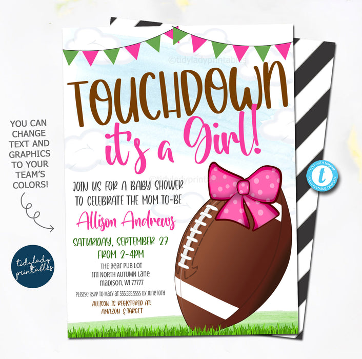 Football Girl Baby shower Invitation, Pink Bow, Touchdown It's a Girl Coed Couples Tailgate Party, Fall Invitation Baby Girl Autumn TEMPLATE