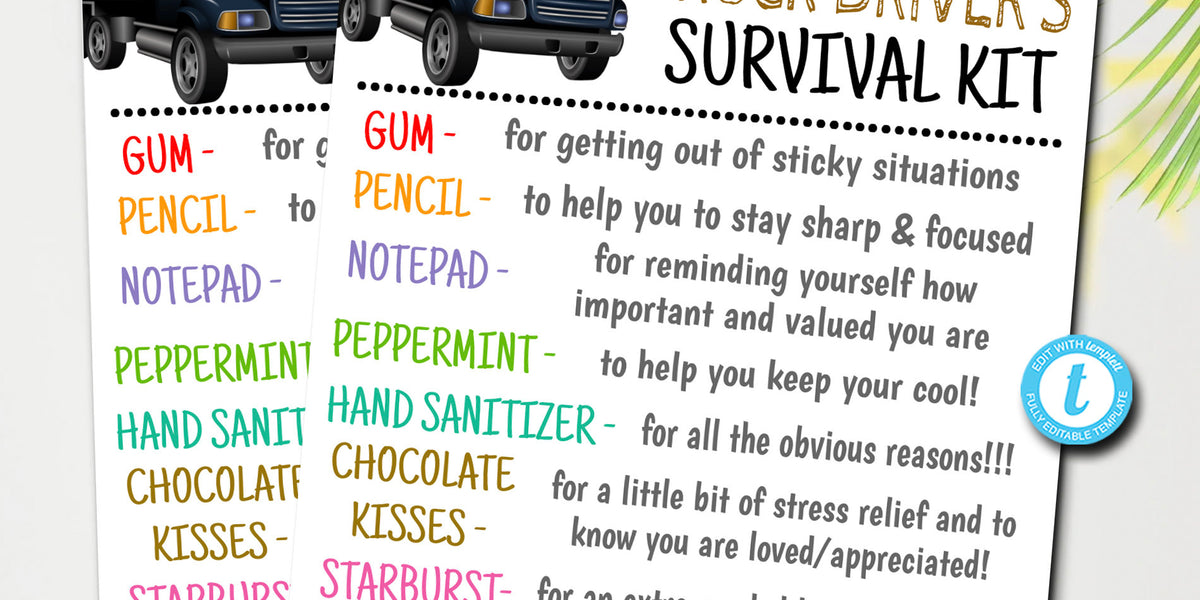 Truck Driver's Survival Kit Gift Tags, National Truck Driver Appreciation  Day, Staff Thank You Gift Card, Printable DIY Editable Template 