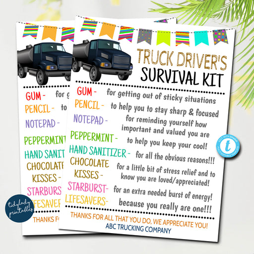 Truck Driver's Survival Kit Gift Tags, National Truck Driver Appreciation Day, Staff Thank you Gift Card, Printable DIY Editable Template