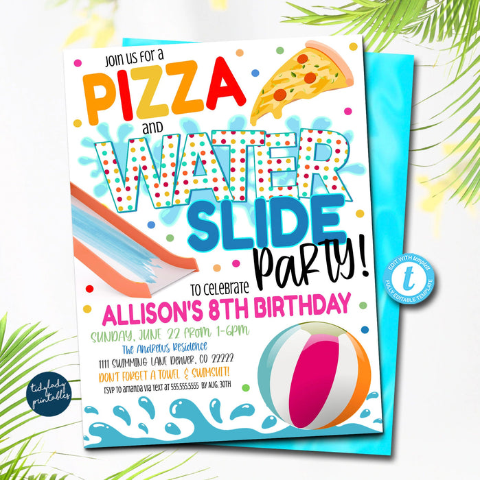 Pizza and Waterslide Party Invitation, End of School Party, Printable Invite Back to School, Summer Kids Girls Birthday, EDITABLE TEMPLATE