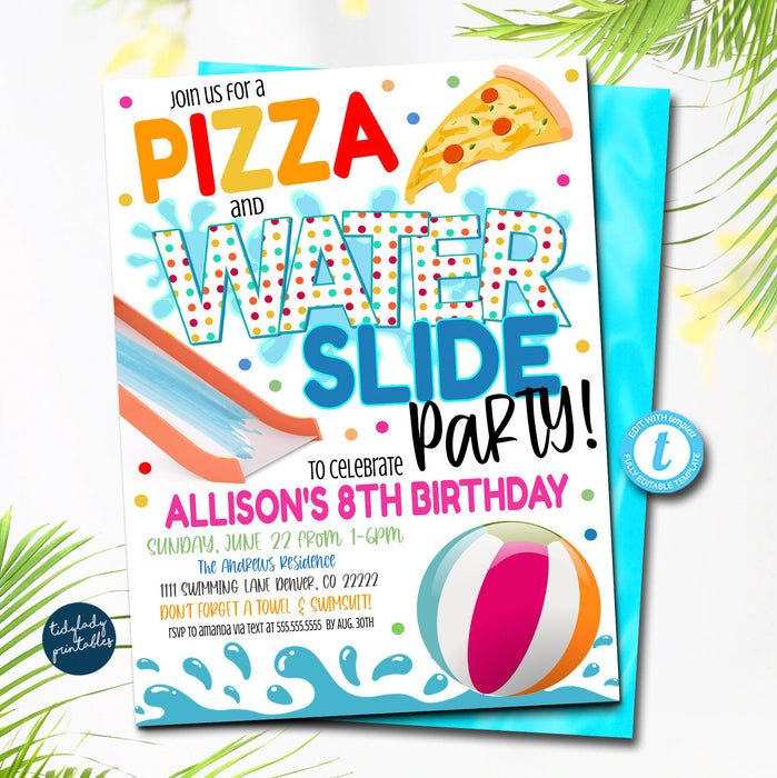 pizza-and-waterslide-party-invitation-tidylady-printables for Free Printable Editable Free Printable Pizza Party Invitations Pizza and Waterslide Party Invitation | TidyLady Printables for Free Printable Editable Free Printable Pizza Party Invitations