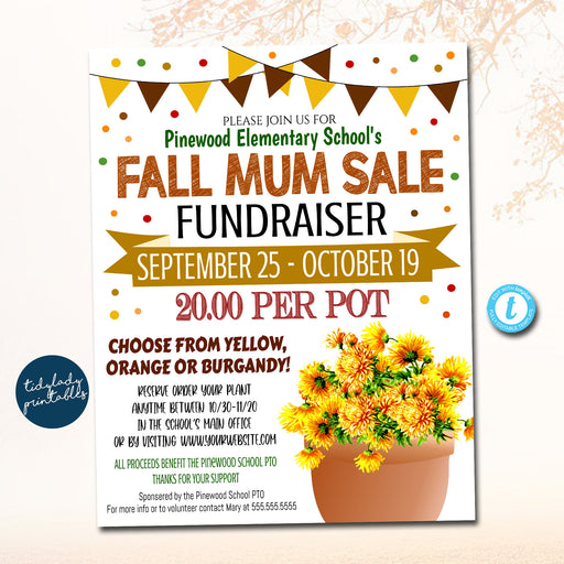 Fall Mum Sale Fundraiser Flyer Template, School PTA, PTO Church Fundraiser Flyer, Chrysanthemum Flyer, Plant Flower Sale, Fall Fundraising