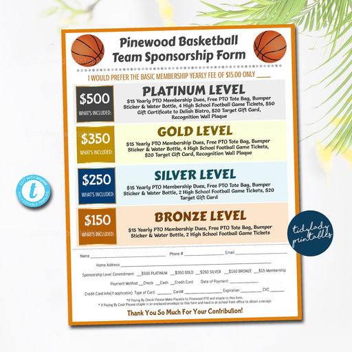 Basketball Sponsorship Form, Sponsership Membership Donation Signup Printable Handout, Team School Sports Fundraiser Event EDITABLE TEMPLATE