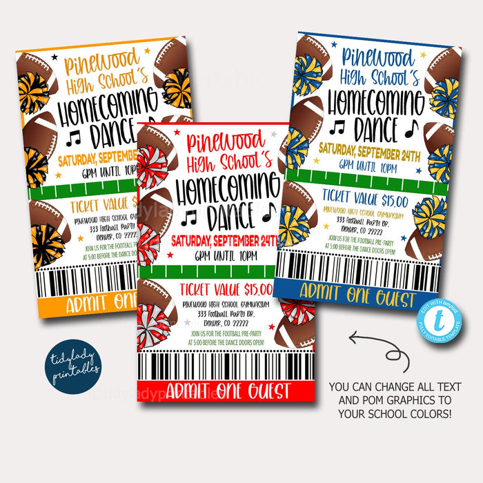 Editable Homecoming Dance Invite, Printable Ticket, School Spirit Night Party, Homecoming Football Game Flyer, High School Dance, Template