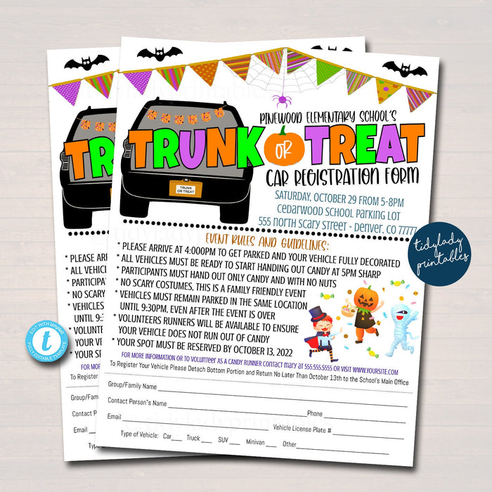 EDITABLE Trunk or Treat Car Registration Form Printable Halloween Flyer, Community Church Halloween Event Sign Up Sheet Kids Halloween Party