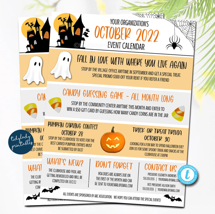 October Events Newsletter Flyer, School Pto Pta Printable, HOA Neighborhood Community Happenings  Email Communication, EDITABLE Template