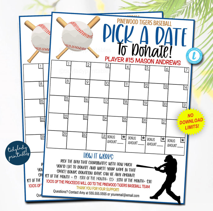EDITABLE Baseball Pick a Date to Donate Printable, Baseball Fundraiser, Team Sports Baseball Player Calendar, Printable Digital Template