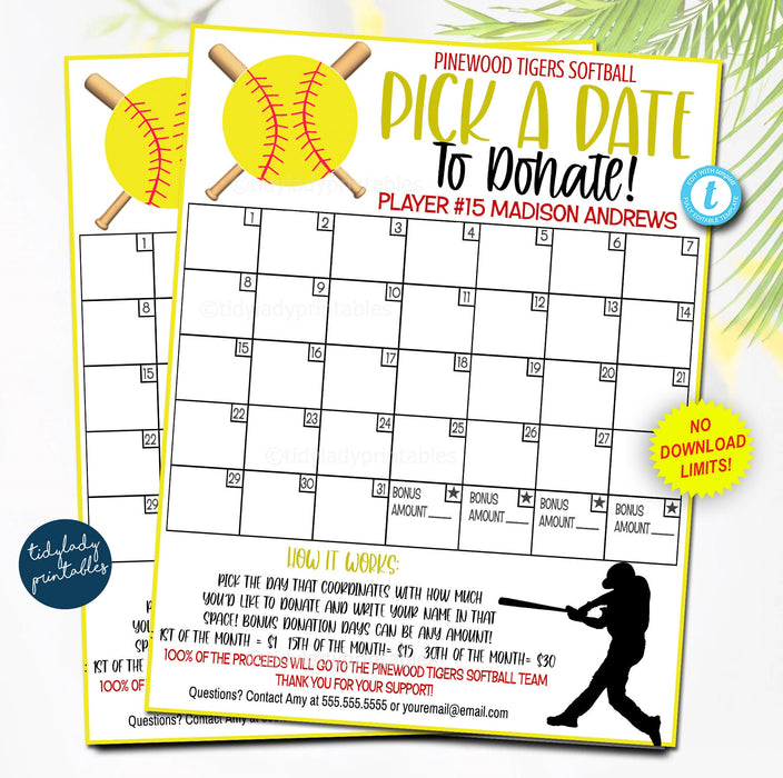 EDITABLE Softball Pick a Date to Donate Printable, Softball Fundraiser, Team Sports Softball Player Calendar, Printable Digital Template